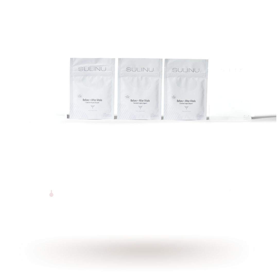 Three Travel Packs- Set of 3- Single Serving Before + After Vitals are displayed upright in a row against a white background, perfect for quick recovery and revitalizing skin while traveling.