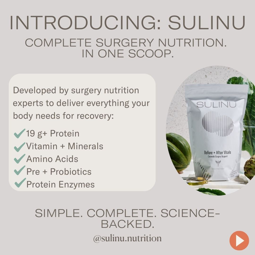 Promotional graphic for Before + After Vitals, a surgery nutrition powder with 19g+ protein, vitamins, minerals, amino acids, probiotics, and enzymes to aid wound recovery. Includes product image and green leaves.