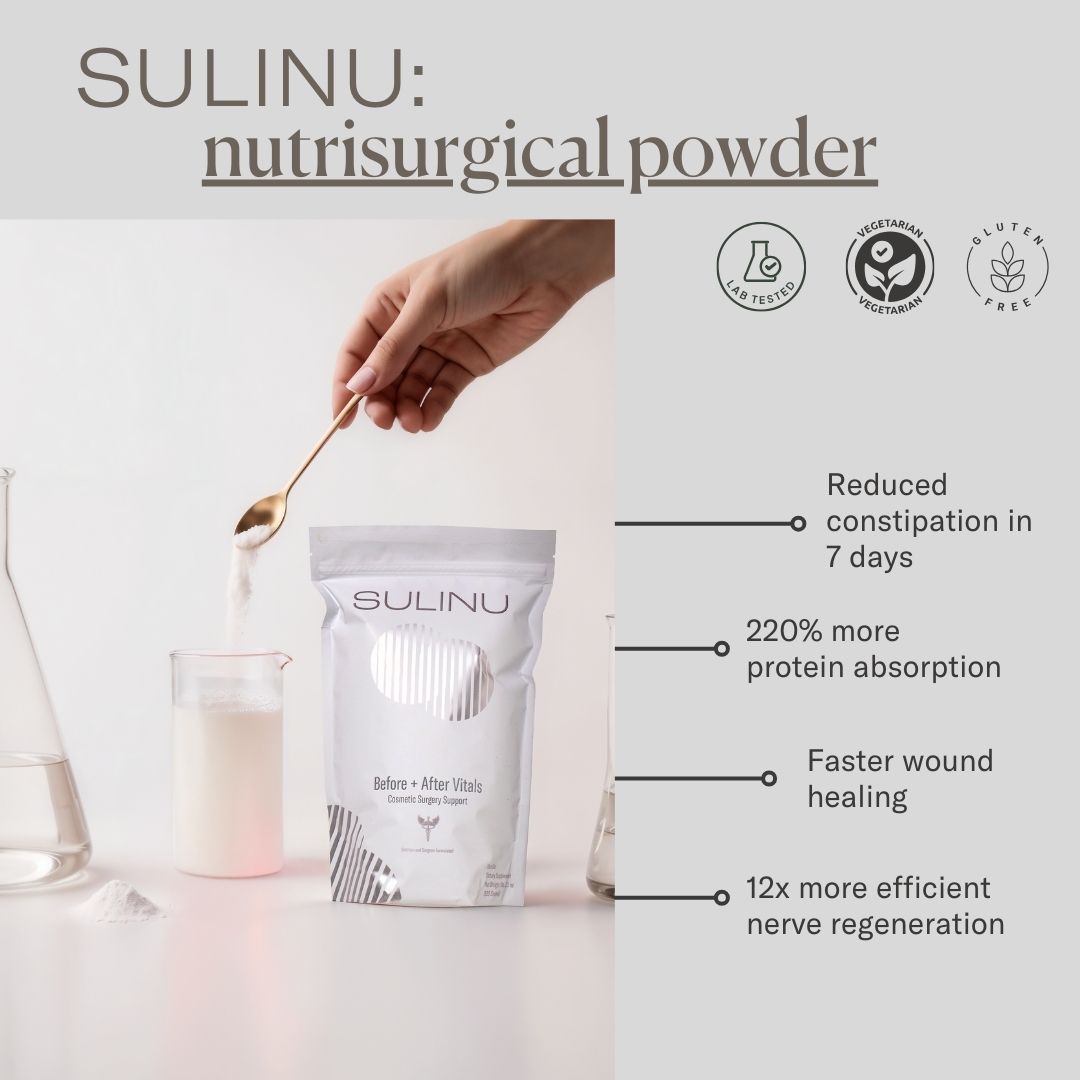 A hand adds Before + After Vitals - NutriSurgical Vitamin Powder to milk. The pack highlights benefits: less constipation, better protein absorption, faster incision healing, and improved nerve regeneration. Ideal for pre/post-surgery support.