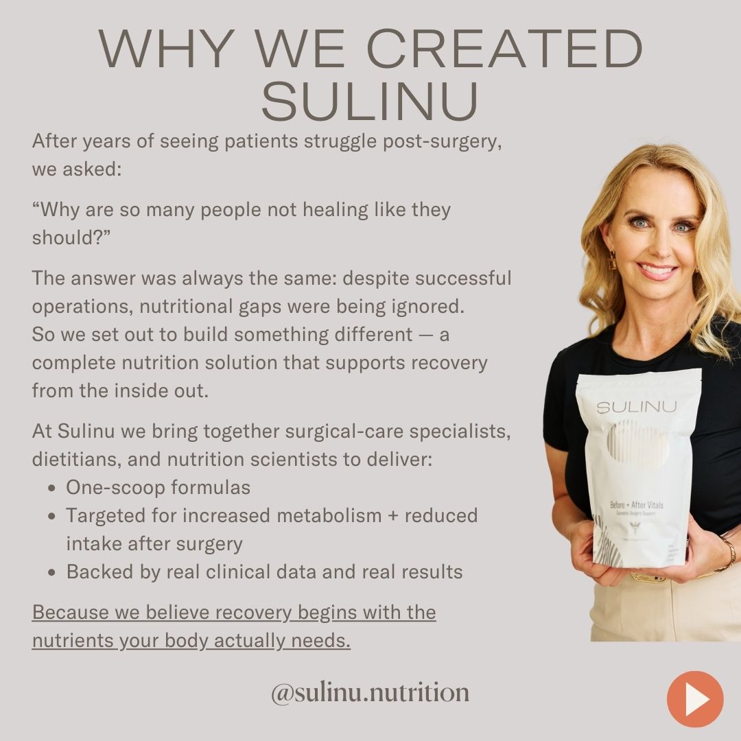 A smiling woman with long blonde hair holds a Before + After Vitals - NutriSurgical Vitamin Powder package. Text notes its purpose: to address nutritional gaps and support post-surgery healing. Instagram: @sulinu.nutrition.