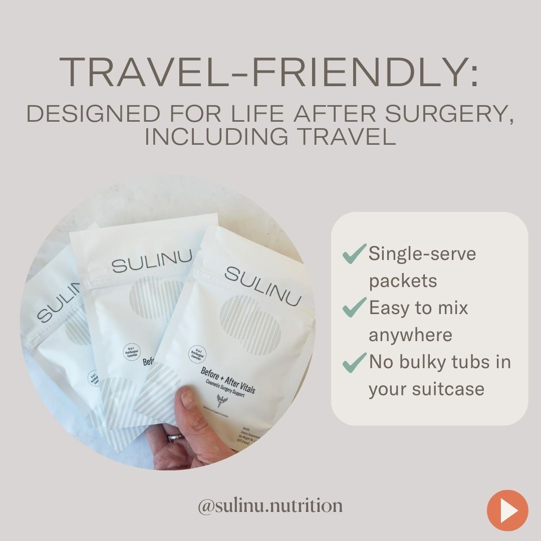 A hand holds three Sulinu Travel Packs—Set of 3—Single Serving Before + After Vitals. These convenient, easy-to-mix vitamin packs are perfect for wound healing nutrition anywhere. Sulinu branding and Instagram handle are shown.
