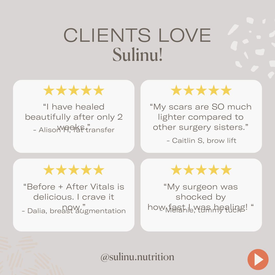 A graphic titled "CLIENTS LOVE Travel Packs-Set of 3-Single Serving Before + After Vitals!" shows four five-star reviews praising quick healing, lighter scars, delicious food, and surgeons impressed by its wound-healing nutrition. Instagram: @sulinu.nutrition.