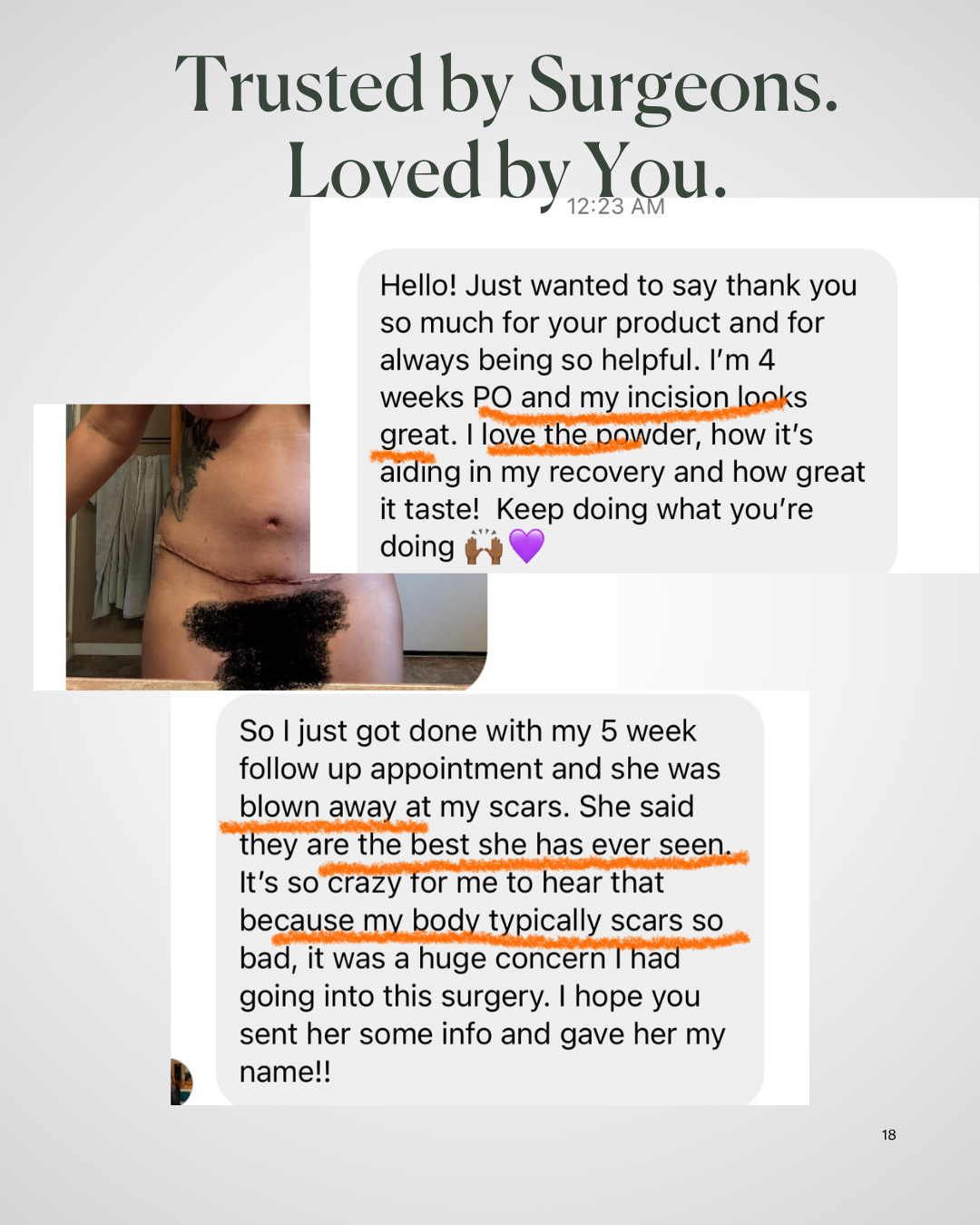 Screenshot of text messages from two people praising Before + After Vitals - NutriSurgical Vitamin Powder for aiding incision healing after surgery, with one image showing a torso and scar. Orange lines highlight positive feedback.