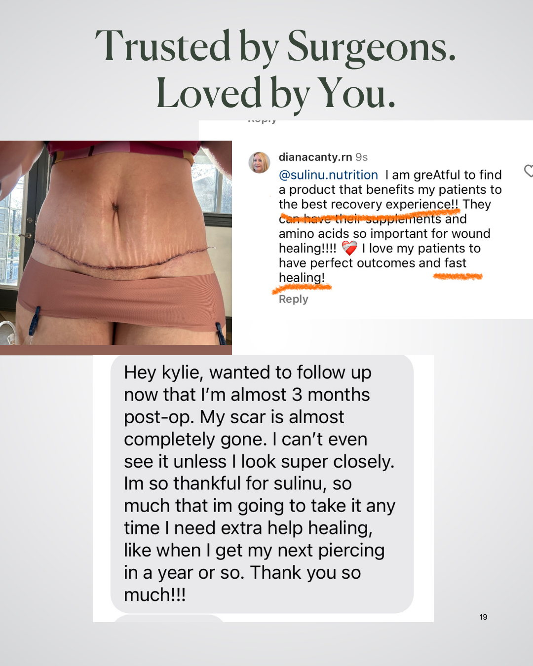 A collage featuring a woman’s healed surgical scar, an Instagram post celebrating recovery, and a thank-you text for an almost invisible 3-month-old scar—all highlight results with Before + After Vitals - NutriSurgical Vitamin Powder.