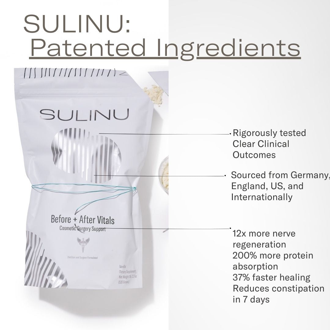 A Before + After Vitals package is shown, featuring text about its patented ingredients, clinical results, and benefits such as faster incision healing, improved protein absorption, and global sourcing for enhanced wound recovery.