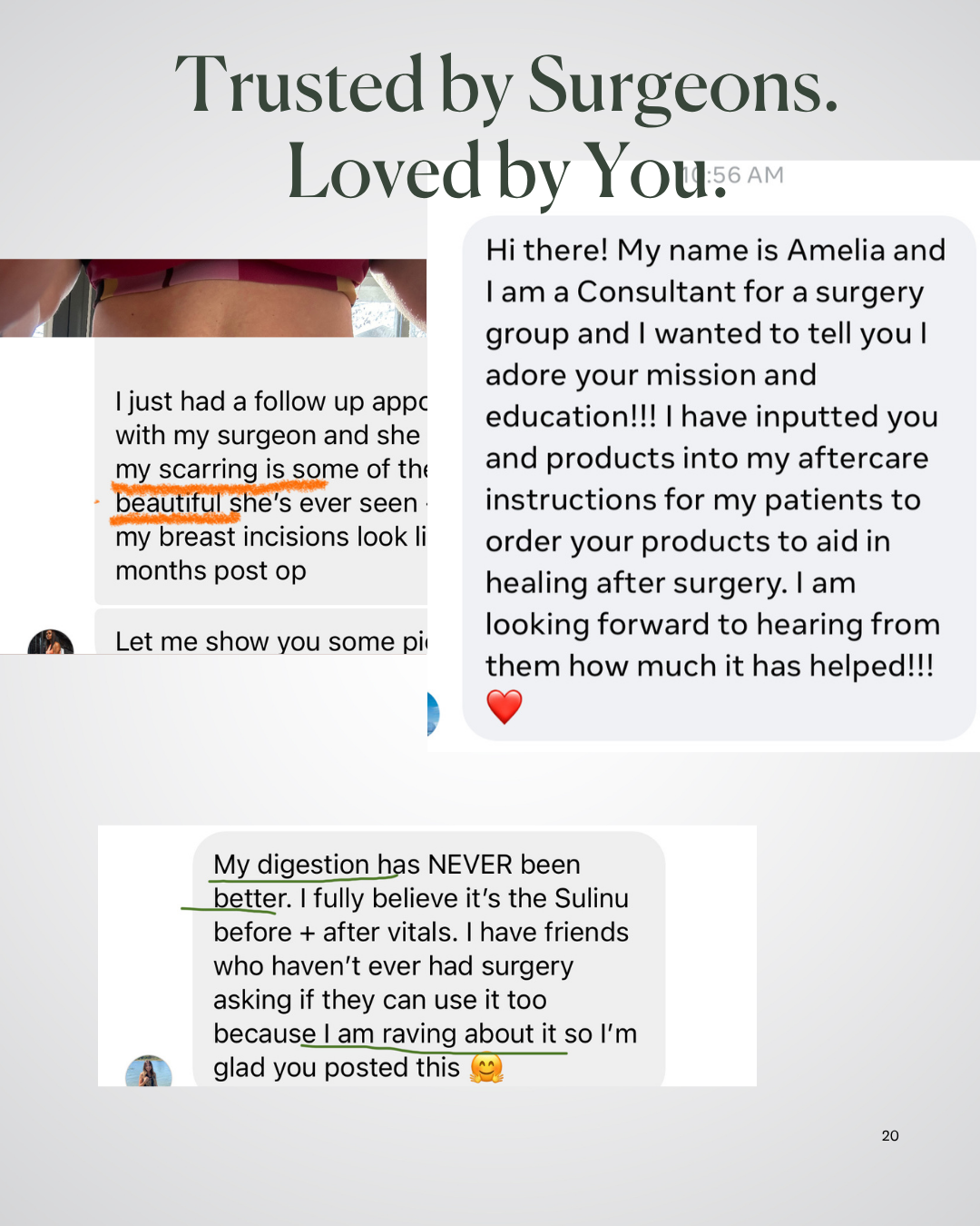A testimonial collage features praise for Before + After Vitals - NutriSurgical Vitamin Powder, highlighting its benefits for post-surgery wound healing, scar improvement, and digestion, with a large consultant message expressing appreciation.