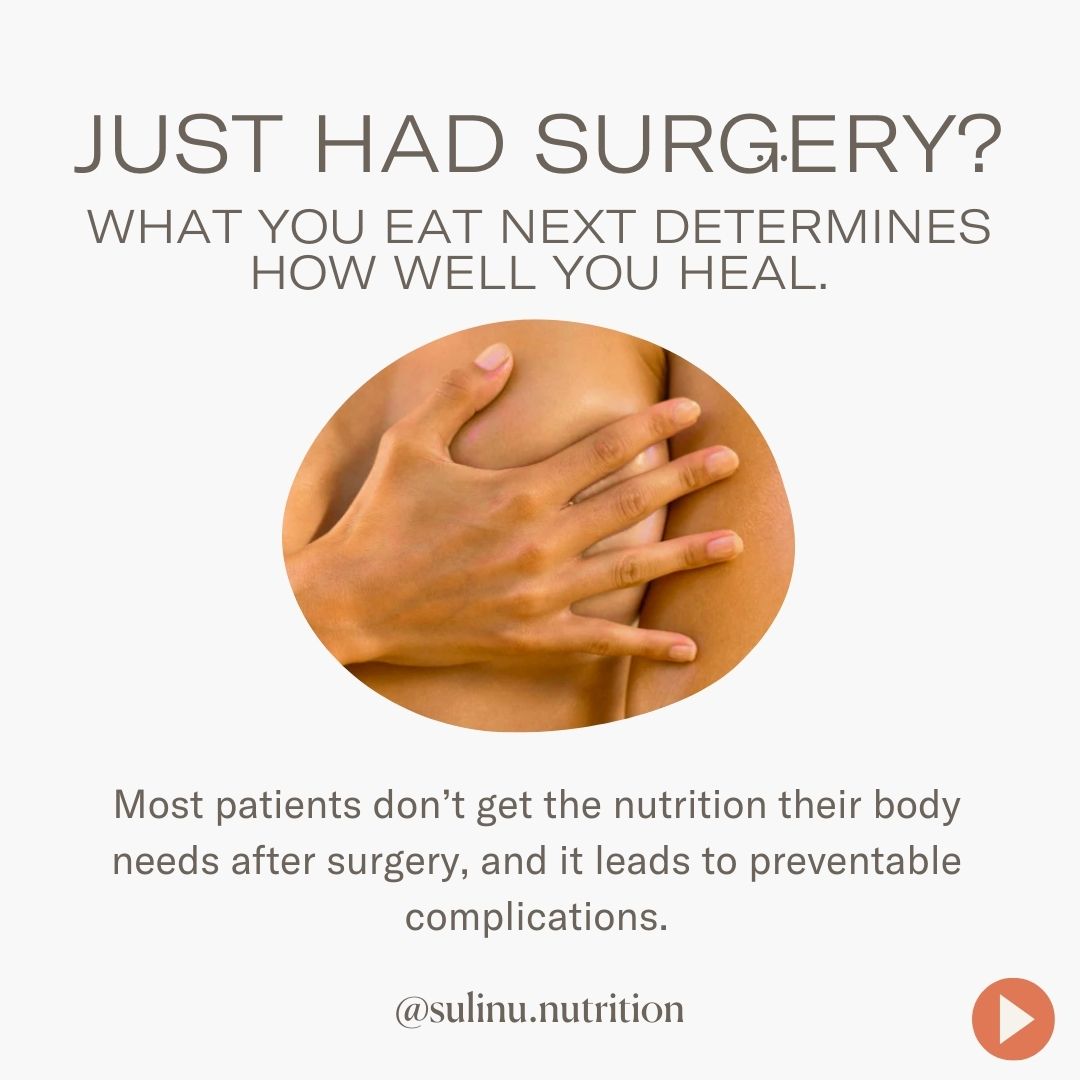 A person gently holds their side, highlighting the chest and hand. Text above reads: Just had surgery? What you eat next determines how well you heal. Before + After Vitals NutriSurgical Vitamin Powder supports nutrition for post-surgery recovery.