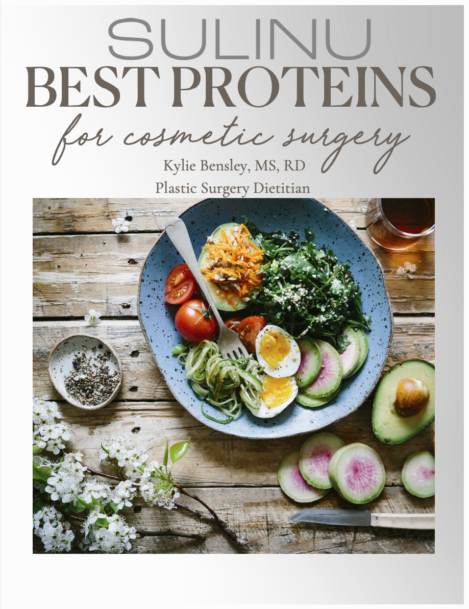 A magazine cover shows a salad with eggs, avocado, zucchini, and greens on a blue plate among flowers and cutlery. The title reads: ULTIMATE Surgery Bundle - DOWNLOAD - $57 ($130 Value): your surgery recovery guide.