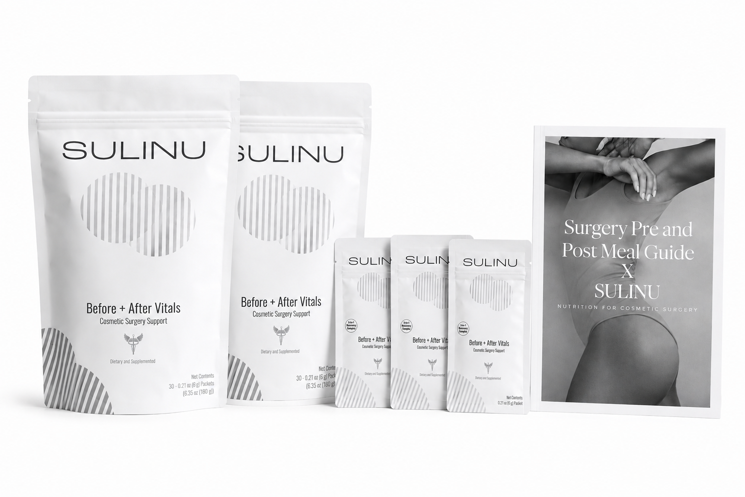 BEST VALUE⭐- The Prep + Recovery Bundle includes two large bags, three small sachets, and a booklet titled “Surgery Pre and Post Meal Guide & SULINU,” featuring a grayscale image of a person’s torso on the cover. This cosmetic surgery recovery kit is designed to provide essential care throughout your journey.