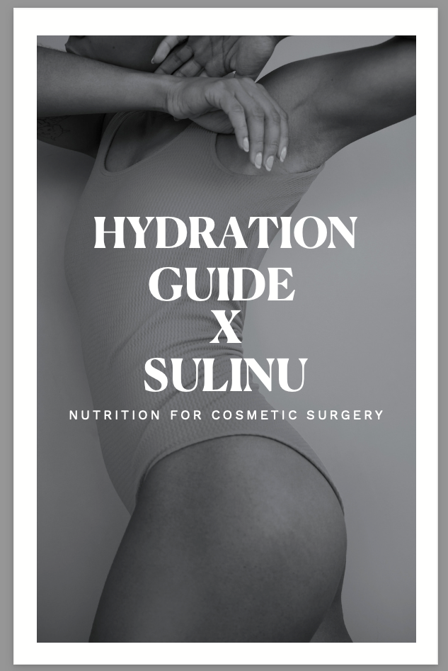 A grayscale photo of a person in a fitted bodysuit, arms raised, with "ULTIMATE Surgery Bundle – DOWNLOAD – $57 ($130 Value)" text overlay. Includes pre- and post-surgery nutrition tips for cosmetic surgery, framed by a white border.