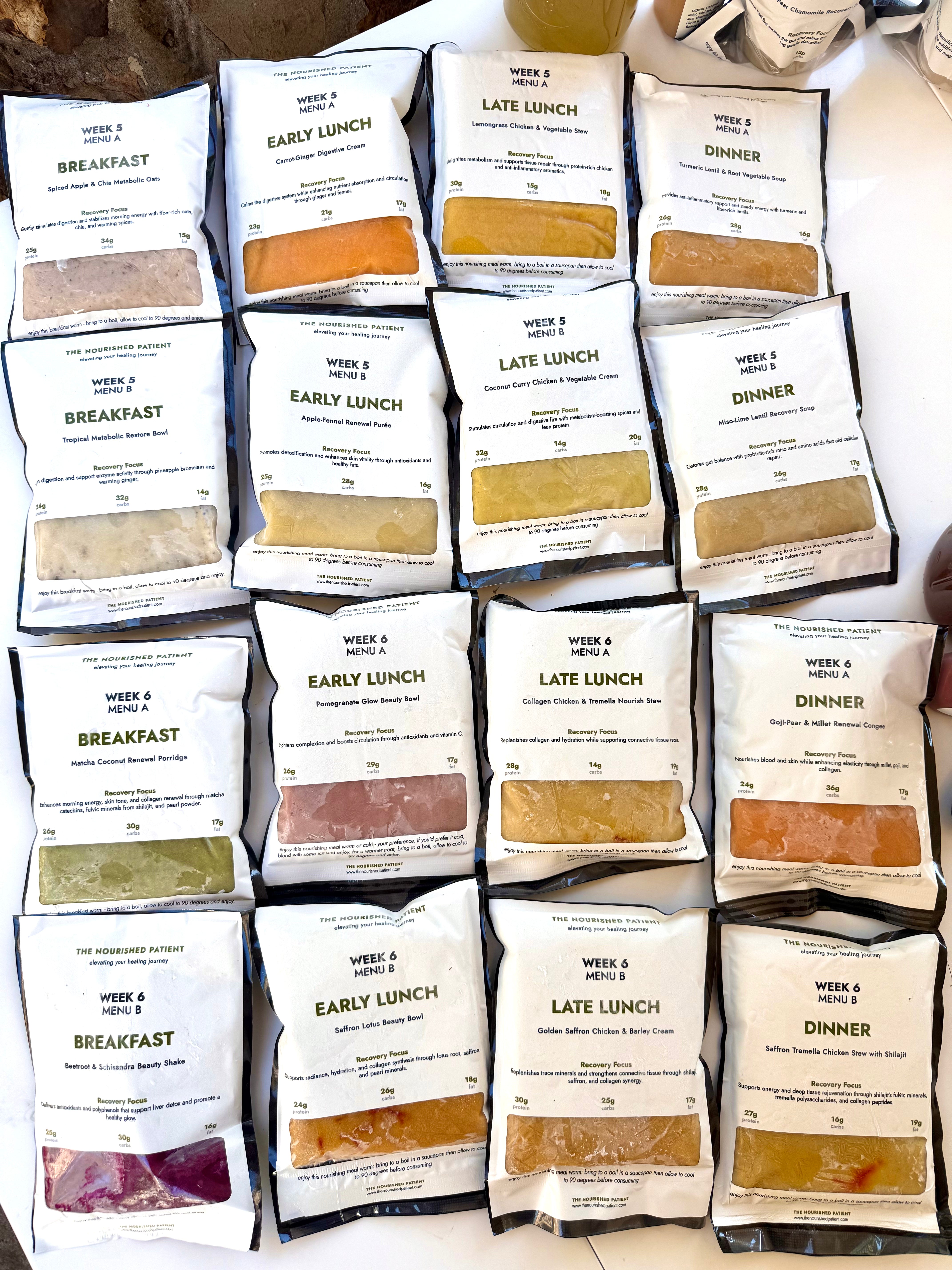 The 7-Day Facelift Recovery Meal Program features vacuum-sealed meals, labeled by type and day, neatly organized to reduce swelling and support post-op recovery with convenient daily meal delivery.