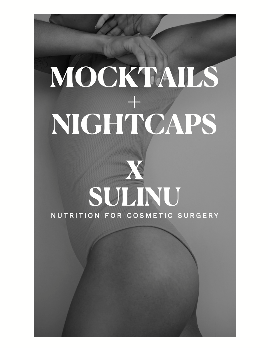 Black and white photo of a person in a sleeveless bodysuit, arms raised. Text overlay: “Ultimate Surgery Bundle – DOWNLOAD for $57 ($130 value), POST SURGERY NUTRITION FOR COSMETIC SURGERY.”.