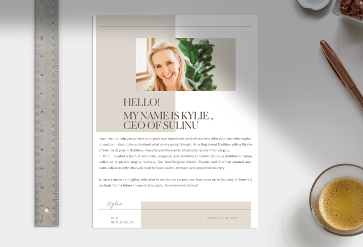 A letter on a desk shows a smiling blonde woman, Kylie, CEO of SULINU. She introduces her PROTEIN Guide—The Best Proteins for Your Surgery—and shares her medical science background and commitment to natural post-surgery recovery.
