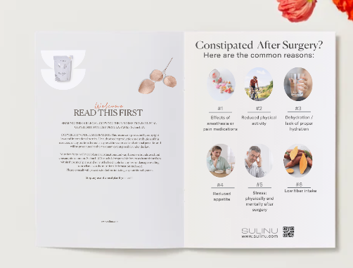 An open POOP Guide - DOWNLOAD booklet shows "Read This First" with decor on the left, while the right page from How to Stop Constipation in its Tracks details post-surgery constipation causes, each with photos and brief captions.