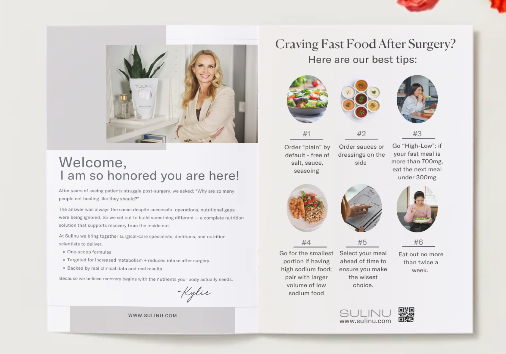 A two-page spread from the FAST FOOD Guide - DOWNLOAD features a welcome message with a smiling woman’s photo on the left, and tips for managing fast food cravings plus six images of healthy alternatives on the right.