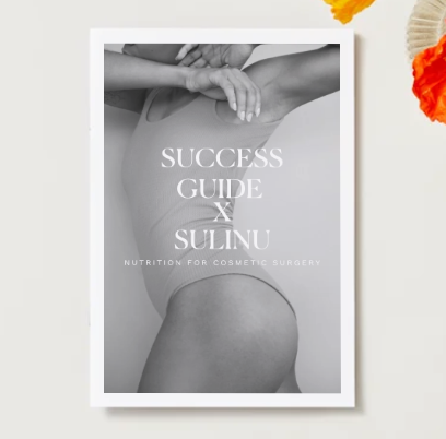 A black and white poster shows a woman in a bodysuit (chest to upper thigh). Text: “Sulinu MEAL Guide – DOWNLOAD.” Includes meal prep and nutrition tips for surgery and cosmetic procedures.