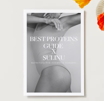 A grayscale photo of a woman in a bodysuit with arms crossed overhead, text reads: “PROTEIN Guide - DOWNLOAD. The Best Proteins for Your Surgery x Sulinu.” Bright flower petals highlight Surgery Safe Proteins.