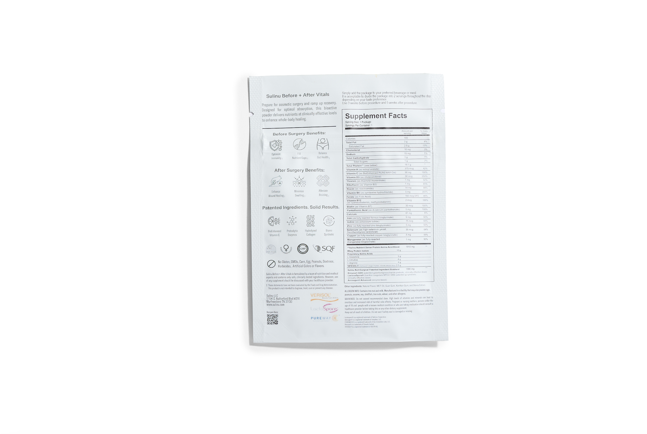 A white Before + After Vitals supplement packet seen from the back, showing detailed Supplement Facts, wound recovery benefits, incision healing ingredients, and certifications in small text and icons against a plain white background.