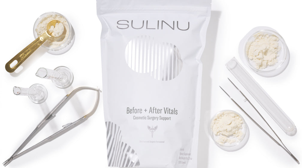 Detail photo showing Sulinu's Before + After Vitals vitamin pouch. Our science-backed supplements for healing are nutraceuticals for plastic surgery and cosmetic surgery recovery.