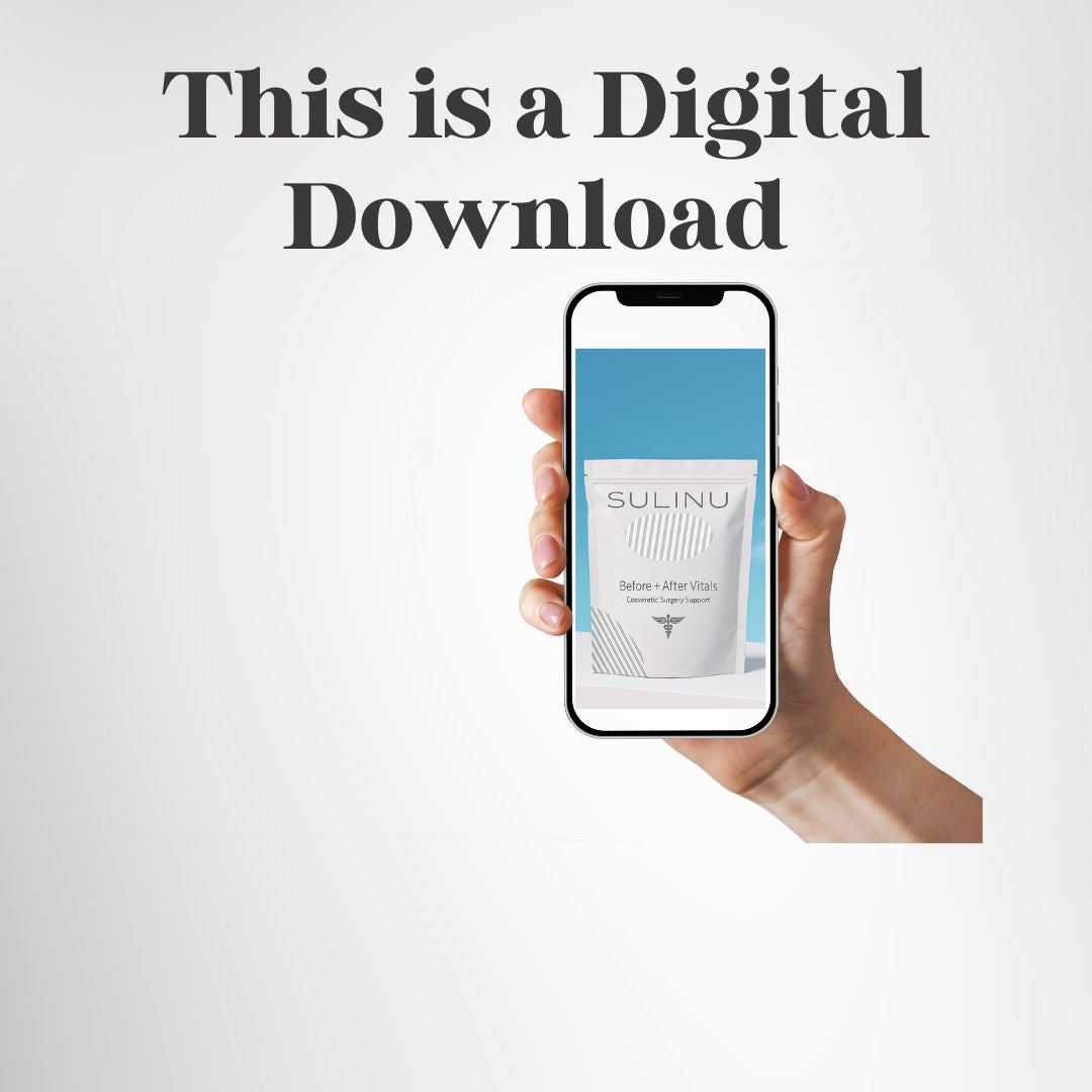 A hand holds a smartphone displaying the PROTEIN Guide- DOWNLOAD: The Best Proteins for Your Surgery. Bold text above says, "This is a Digital Download." The plain, light background makes it easy to access your surgery-safe protein list anywhere.