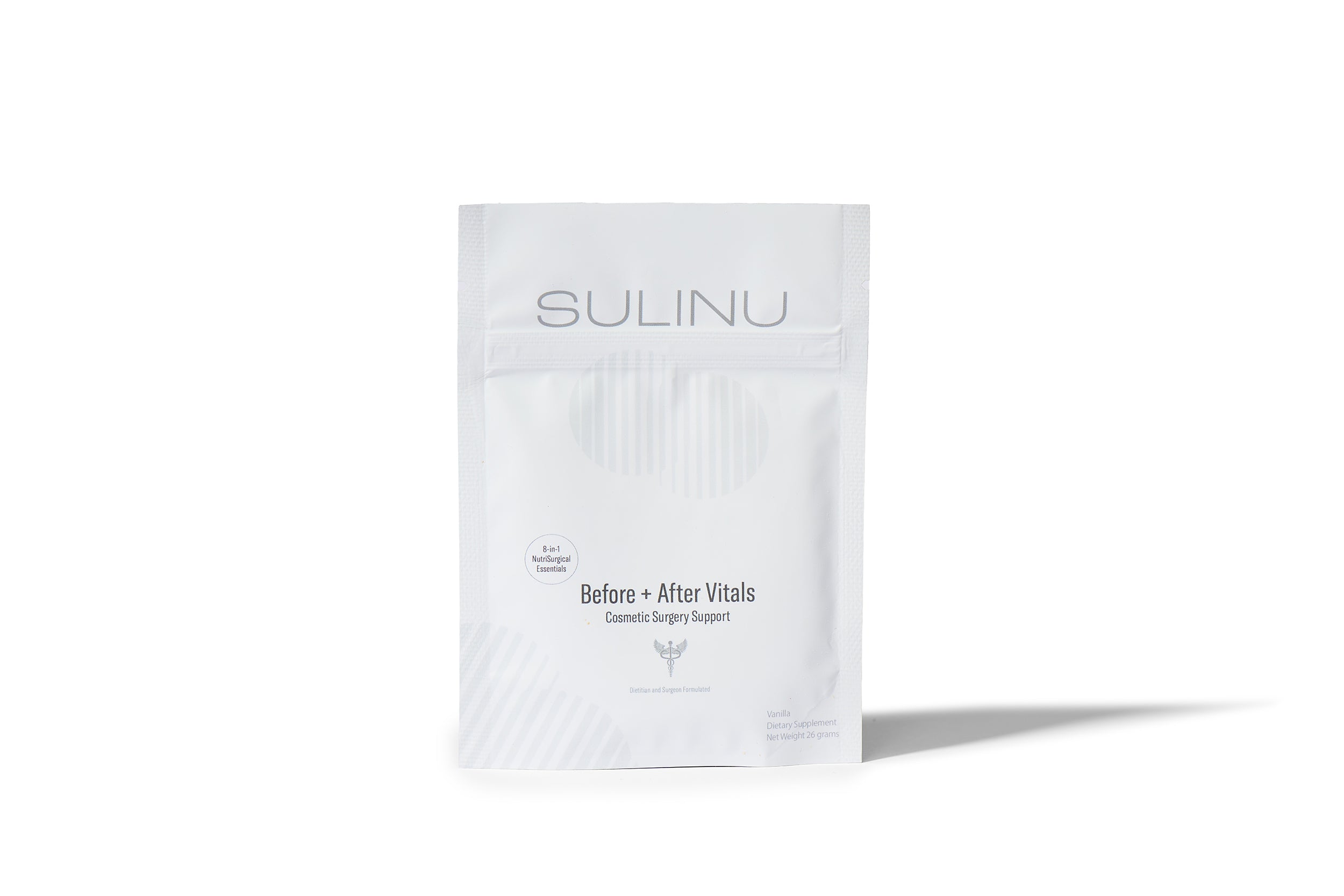 A white resealable pouch labeled The VIP Surgical Recovery Kit stands upright on a white background, casting a faint shadow to the right—essential support for cosmetic surgery recovery.