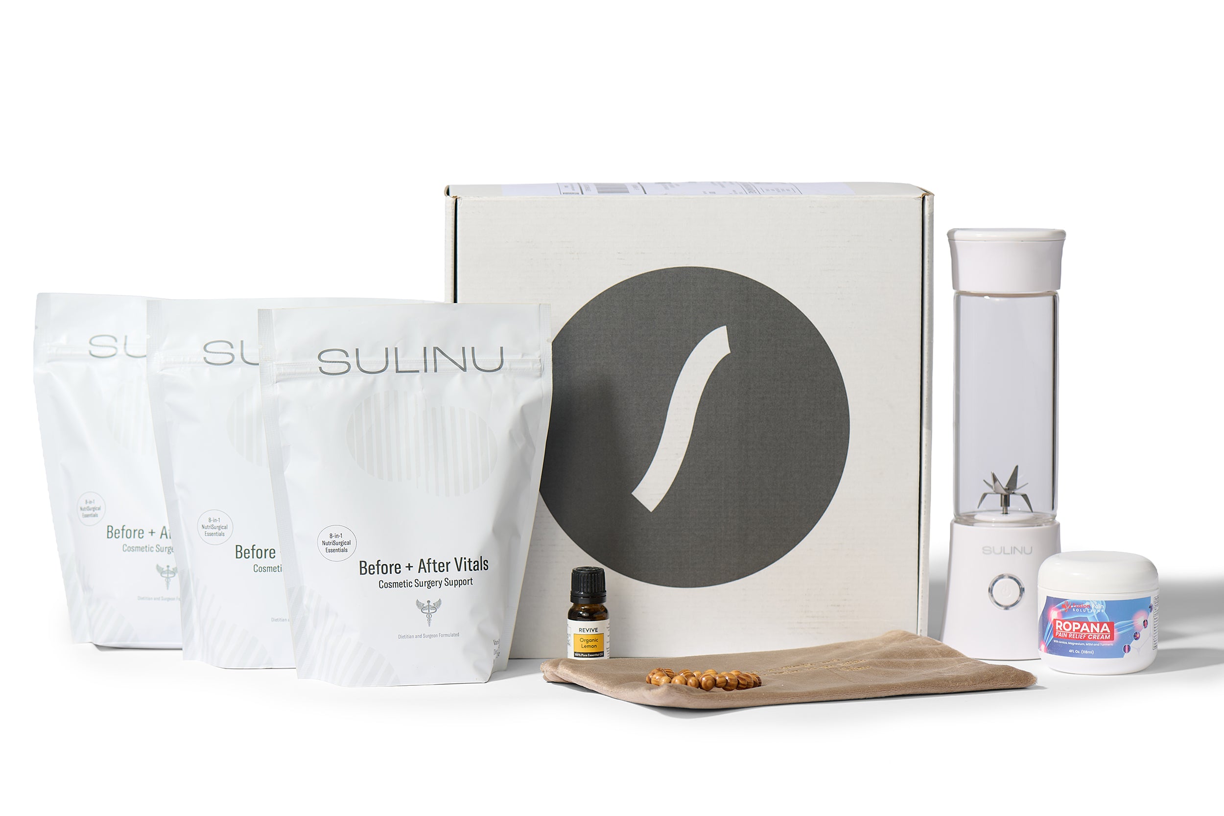 The VIP Surgical Recovery Kit includes three white SULINU pouches, a small dropper bottle, an S logo box, a blender bottle, a Topana jar, and capsule cloth—perfect for cosmetic surgery recovery and wellness.