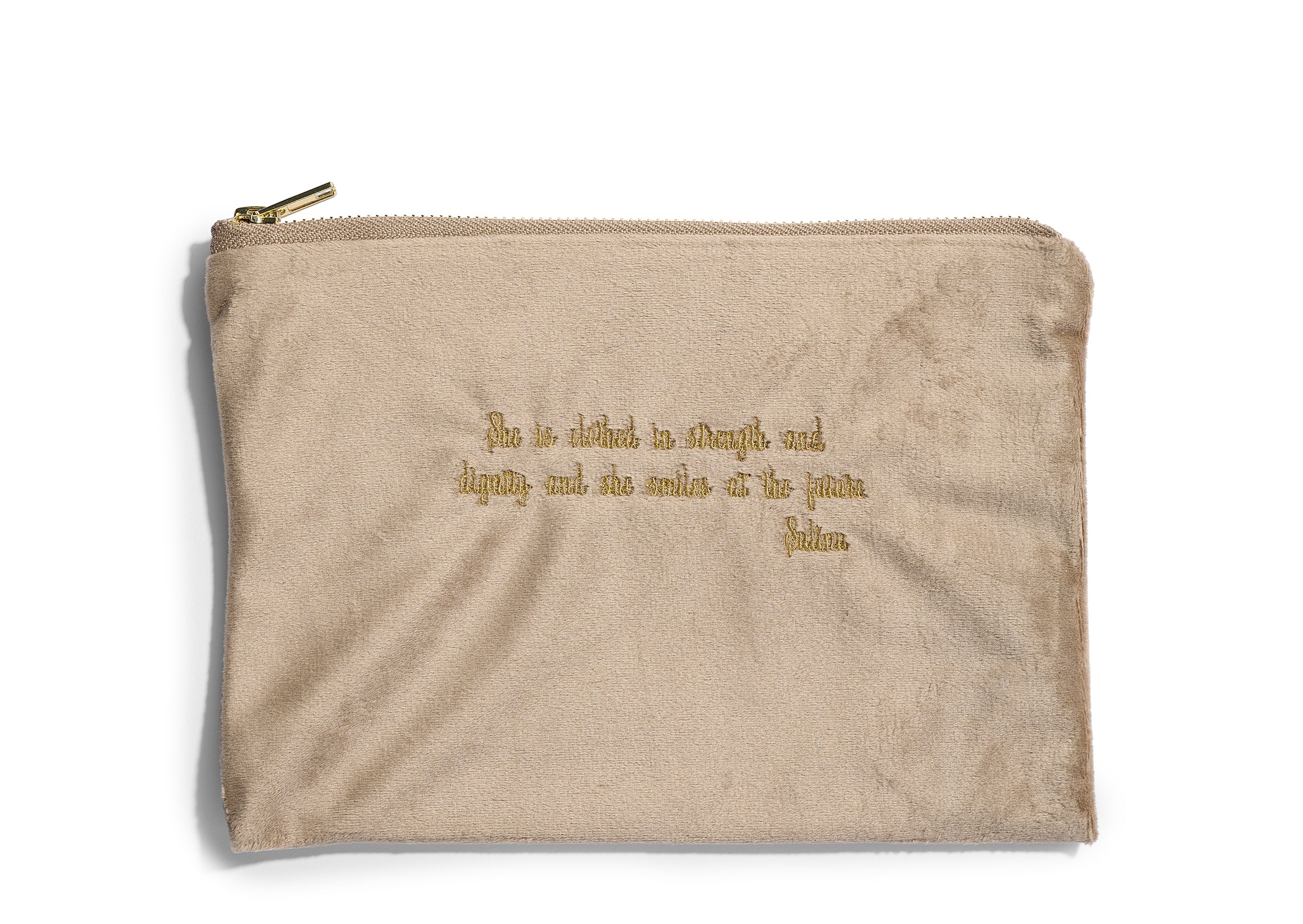 A tan suede zippered pouch with gold embossed text, perfect for storing essentials or carrying supplements in The VIP Surgical Recovery Kit during cosmetic surgery recovery.