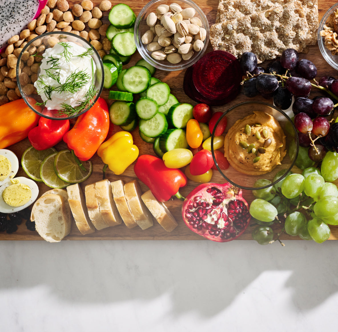 Photo showing a charcuterie board filled with fresh fruits and vegetables. Are you a nutrition junkie? Read our blog on tips for healing after surgery.