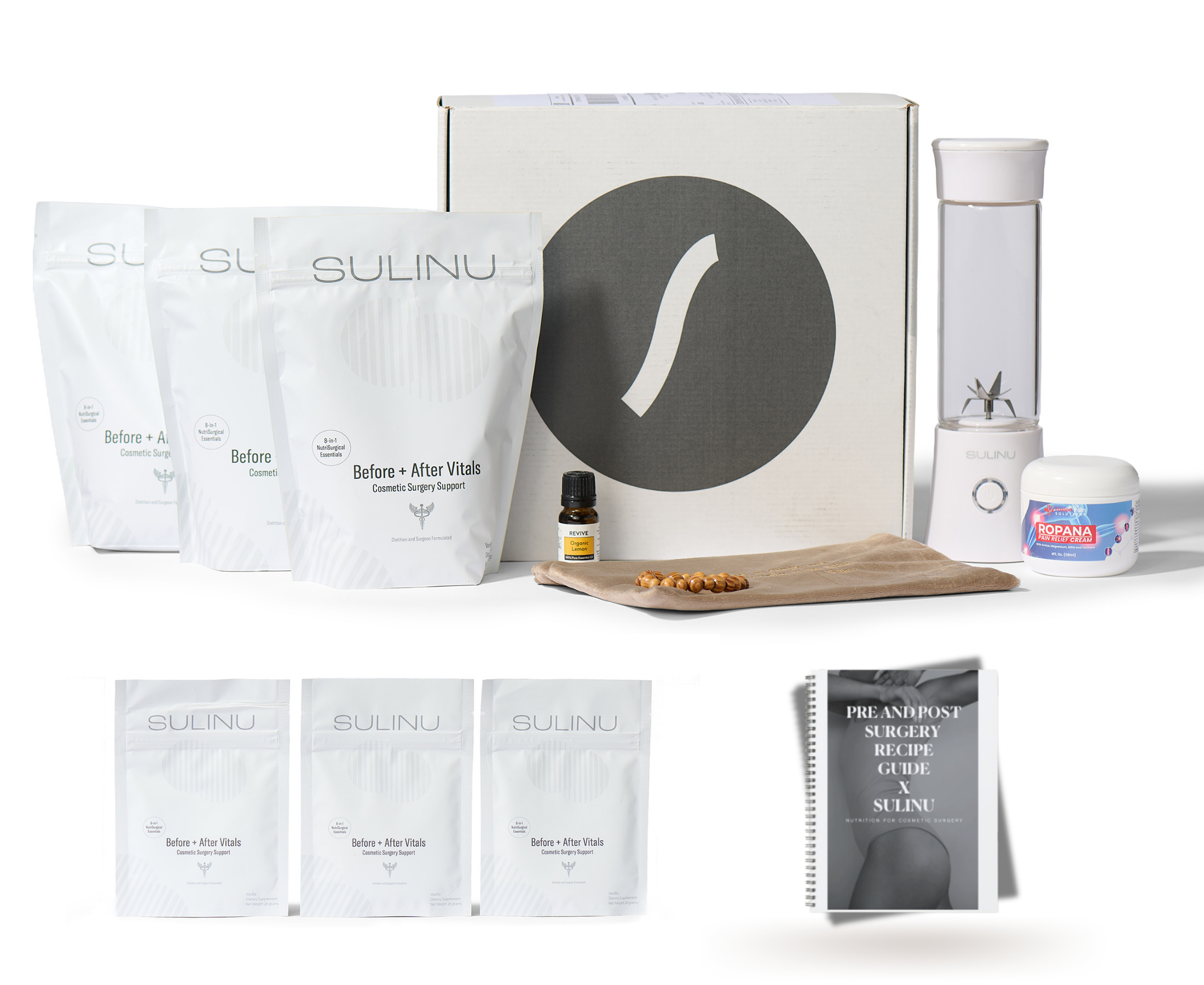 The VIP Surgical Recovery Kit includes Sulinu supplement pouches, a white water bottle, essential oil, Topicana jar, notepad, and a Pre/Post Surgery Recipe Guide—ideal for anyone looking for a complete surgical recovery solution.