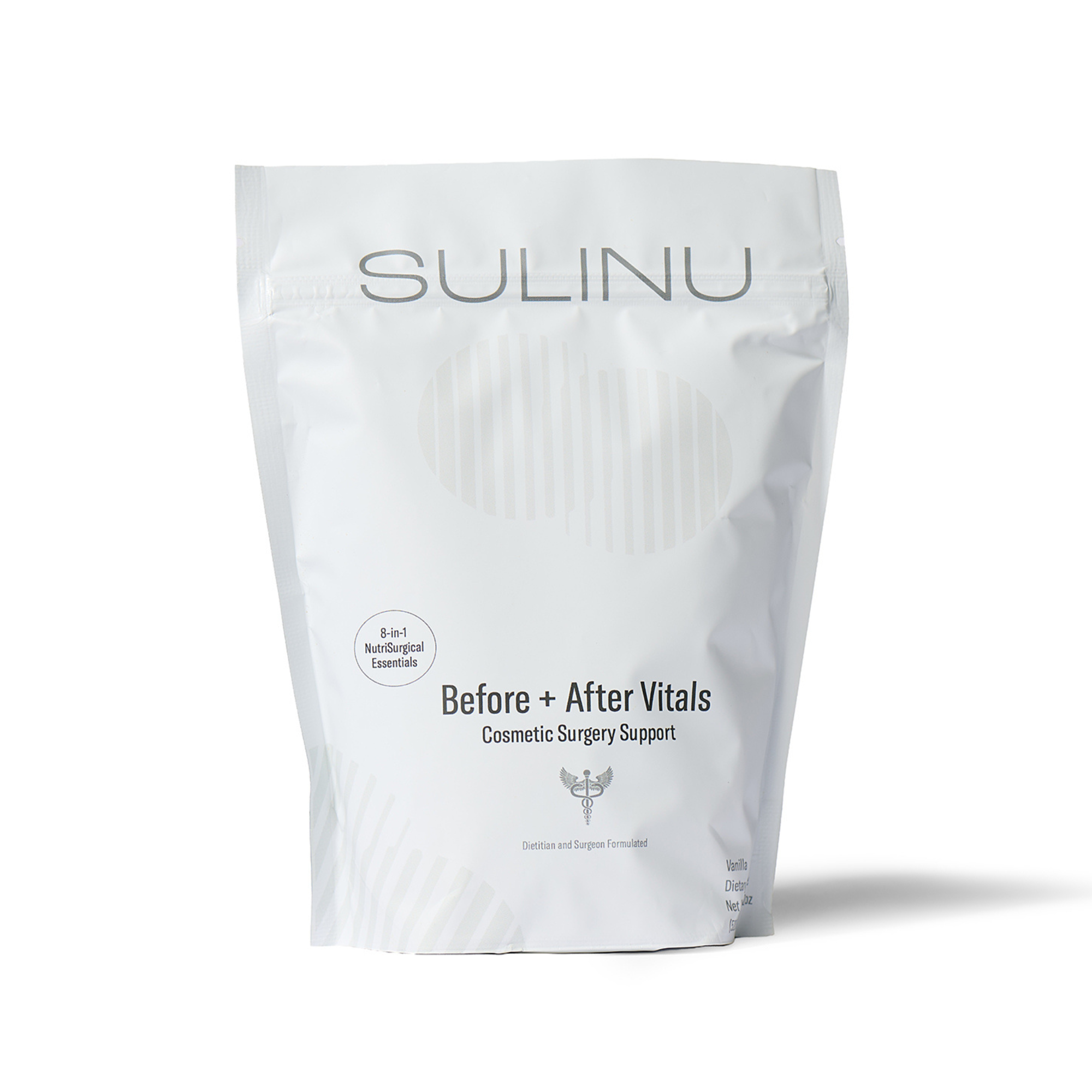 A white resealable pouch labeled SULINU Before + After Vitals Cosmetic Surgery Support with subtle stripes and a seal stating 8 Real Nutraceutical Ingredients. The packaging casts a light shadow.