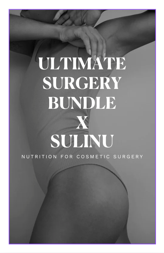Black and white image of a person in a ribbed bodysuit posing with arms raised. Bold text reads Ultimate Surgery Bundle x Sulinu. Nutrition for Cosmetic Surgery.