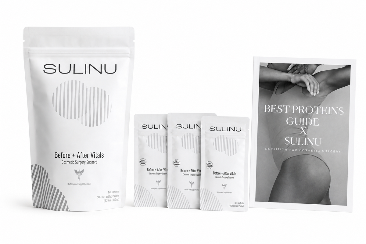 The PREP STARTER Kit [free shipping] features cosmetic surgery support supplements in a large pouch with three small packets, accompanied by the Best Proteins Guide booklet showcasing a black and white photo of a woman’s midsection—the perfect addition to your surgery prep kit and trusted pre-op supplement routine.