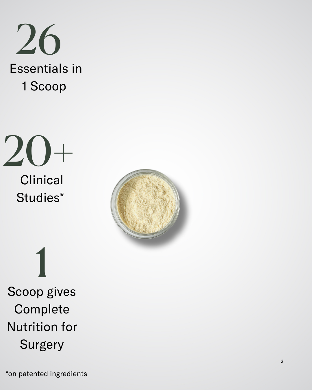 Photo showing nutritional details for Sulinu. 26 essentials in 1 scoop. 20+ Clinical Studies. 1 Scoop gives complete nutrition for surgery.
