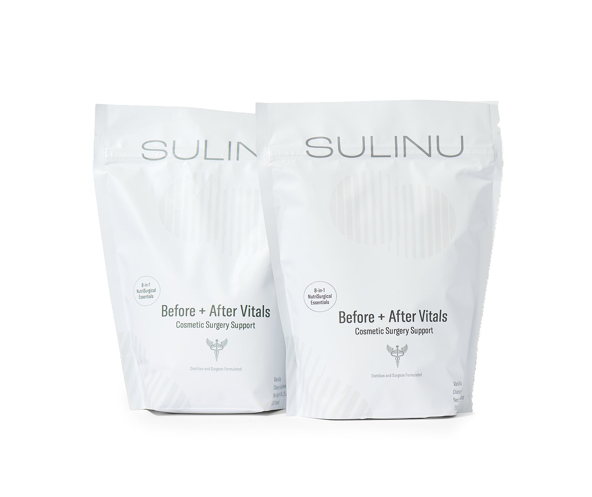 Two white resealable bags labeled SULINU and Before + After Vitals Cosmetic Surgery Support stand side by side on a white background, representing the BEST VALUE⭐- The Prep + Recovery Bundle for essential pre and post surgery nutrition as part of your comprehensive surgery recovery guide.