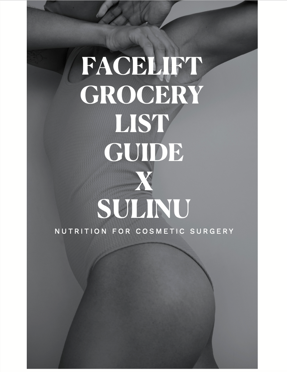 Black and white photo of a person in a sleeveless outfit with arm raised, overlaid with bold text: Facelift Grocery List: Stock Up, Heal Up - FREE DOWNLOAD. Your essential pre-surgery nutrition guide.
