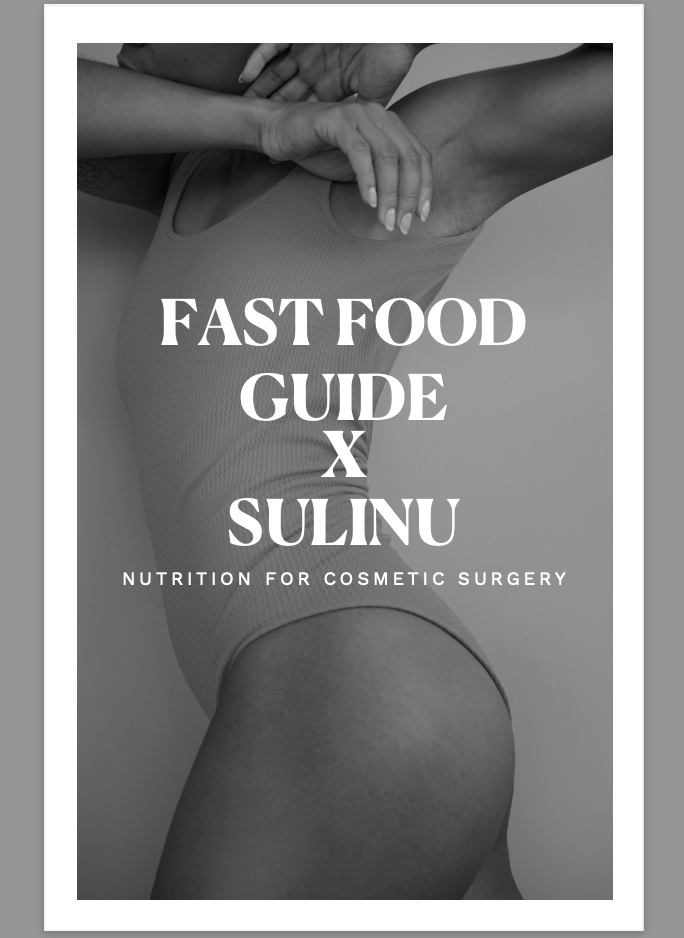 Black and white image of a person in a sleeveless bodysuit posing with arms raised. Overlaid text reads: “ULTIMATE Surgery Bundle – Pre- and post-surgery nutrition guide – Download for $57 ($130 value).”.