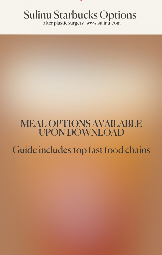 A blurred background with text reads: ULTIMATE Surgery Bundle - DOWNLOAD - $57 ($130 Value) www.sulinu.com. MEAL OPTIONS AVAILABLE UPON DOWNLOAD. Guide features pre- and post-surgery nutrition at top fast food chains.