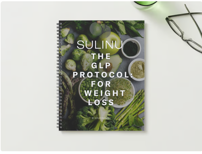 Detail photo of the cover of Sulinu's GLP Protocol for Weight Loss, a 44-page guide and digital download on using a GLP such as Ozempic, Semiglutide, Mounjaro, Tirzepatide, Compounded GLP etc