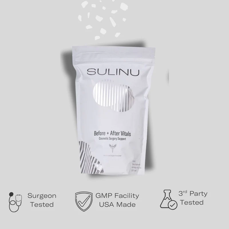 A white Sulinu bag labeled “The PREP STARTER Kit” sits on a gray background, featuring icons for Surgeon Tested, GMP Facility USA Made, and 3rd Party Tested. Perfect as part of your surgery prep kit, this product is designed to support you through every stage of your cosmetic journey.