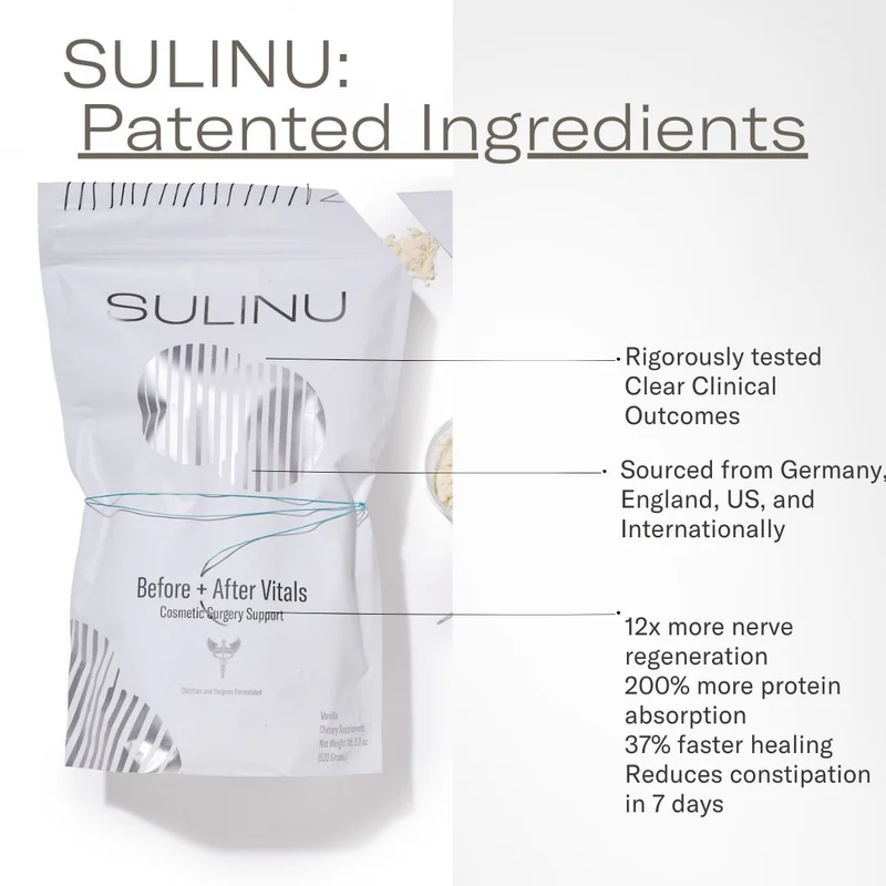 A white pouch of The PREP STARTER Kit is displayed, with text emphasizing its patented ingredients, clinical outcomes, globally sourced components, and benefits such as accelerated healing, improved absorption, and reduced scar formation within 7 days—making it the ideal pre-op supplement for your surgery prep kit.