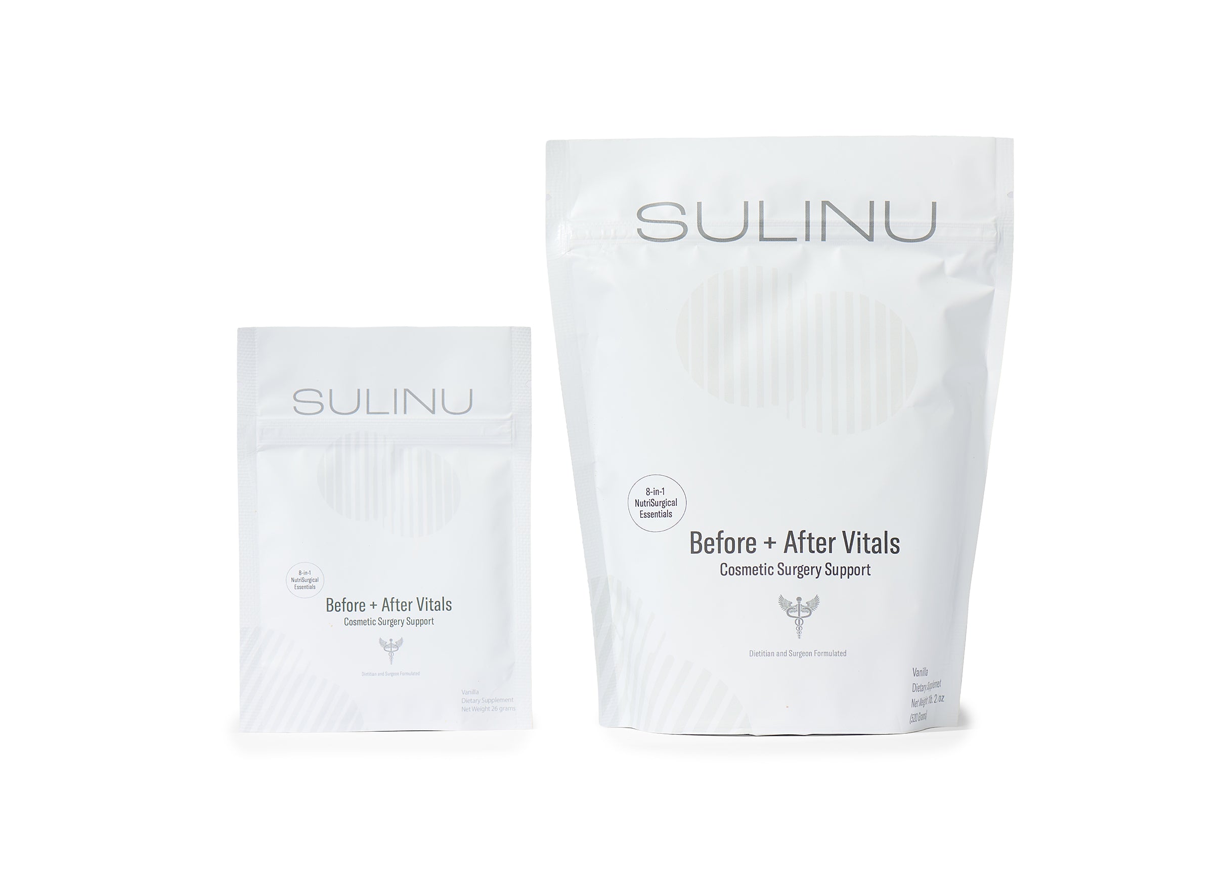 Two white SULINU branded pouches—one small and one large—labeled The PREP STARTER Kit and designed as part of a comprehensive surgery prep kit, stand upright on a plain white background.