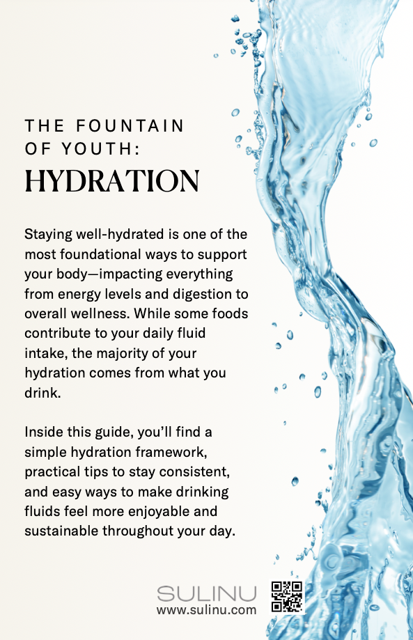 A splash of clear water flows vertically next to hydration tips and info on health and wellness, featuring the ULTIMATE Surgery Bundle - DOWNLOAD - $57 ($130 Value), plus the Sulinu logo and QR code at the bottom.