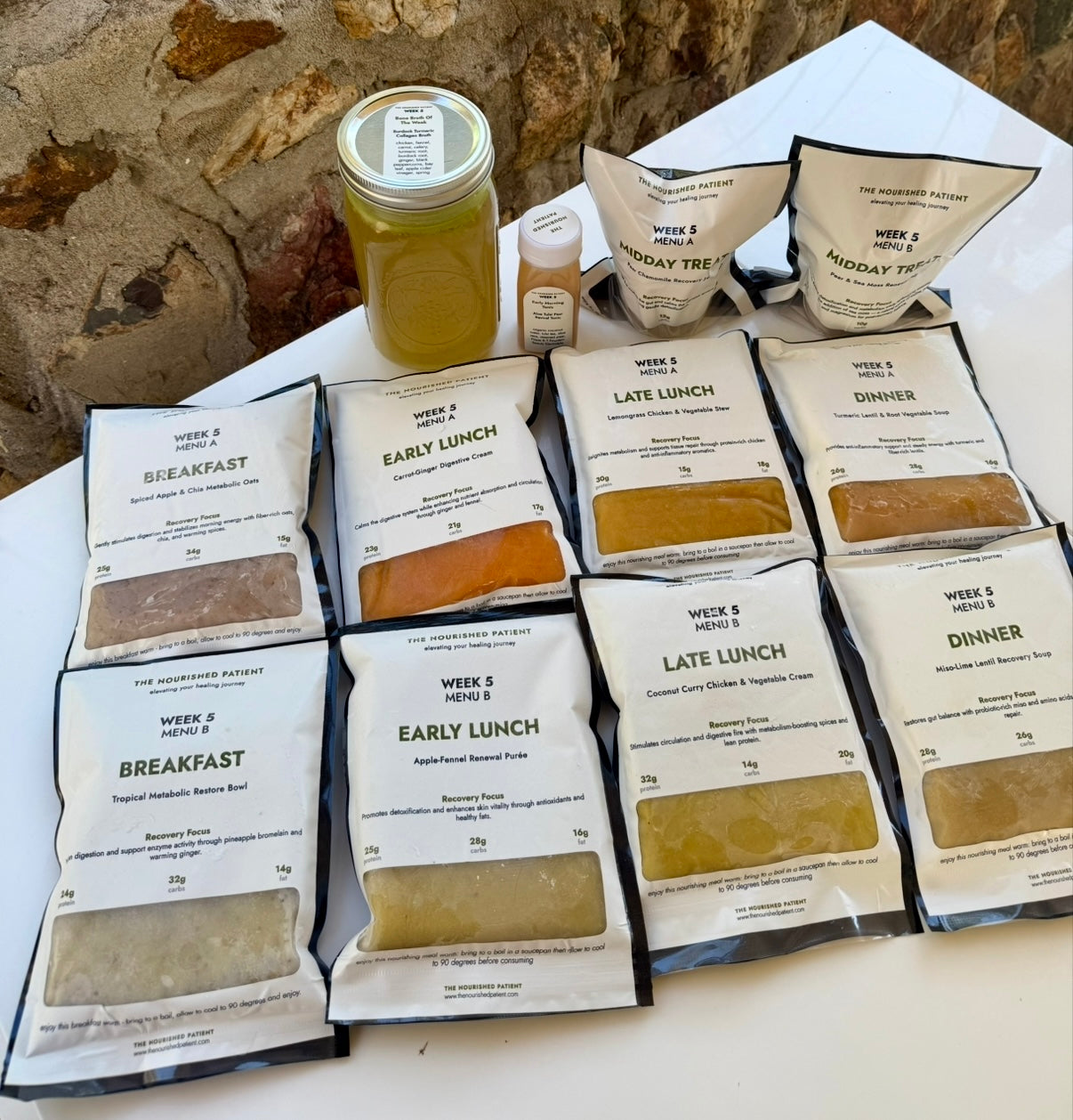 The 7-Day Facelift Recovery Meal Program is displayed on a white surface with packs labeled “Breakfast,” “Early Lunch,” “Late Lunch,” “Dinner,” and “Midday Treats.” Each pack has nutritional info to help manage swelling after your facelift.