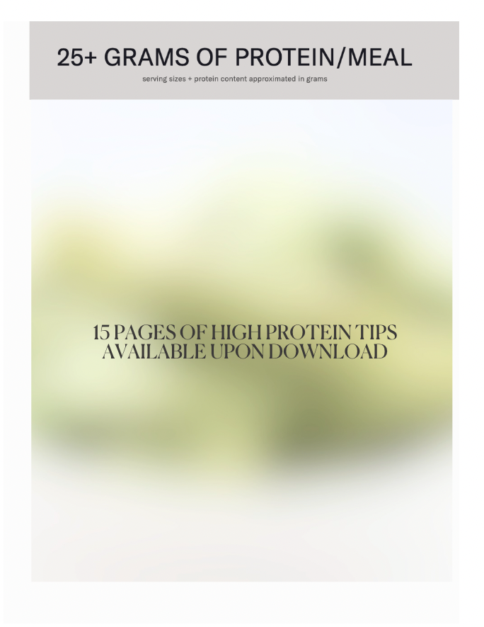 A graphic featuring "25+ GRAMS OF PROTEIN/MEAL" at the top and "15 pages of high-protein tips for surgery nutrition" in the center, with a blurred ULTIMATE Surgery Bundle - DOWNLOAD ($57, $130 value) background.