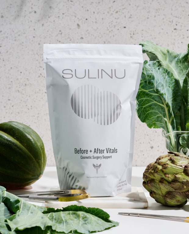 A detail photo showing Sulinu's Before + After Vitals. Sulinu offers post surgery supplements, including Before + After Vitals, a NutriSurgical Supplement delivering the nutrients you need before and after surgery.