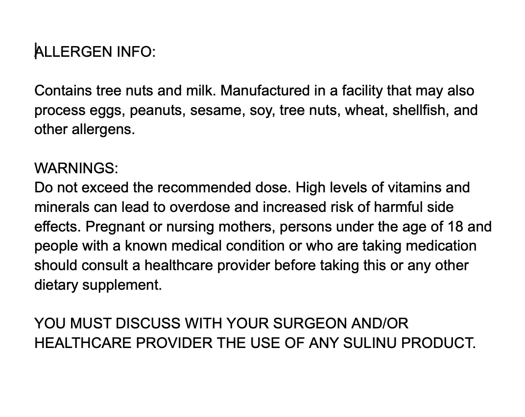 Photo showing detailed allegen info. Before + After Vitals contains tree nuts and milk. Manufactured in a facility that may also process eggs, peanuts, sesame, soy, tree nuts, wheat, shellfish, and other allergens. 