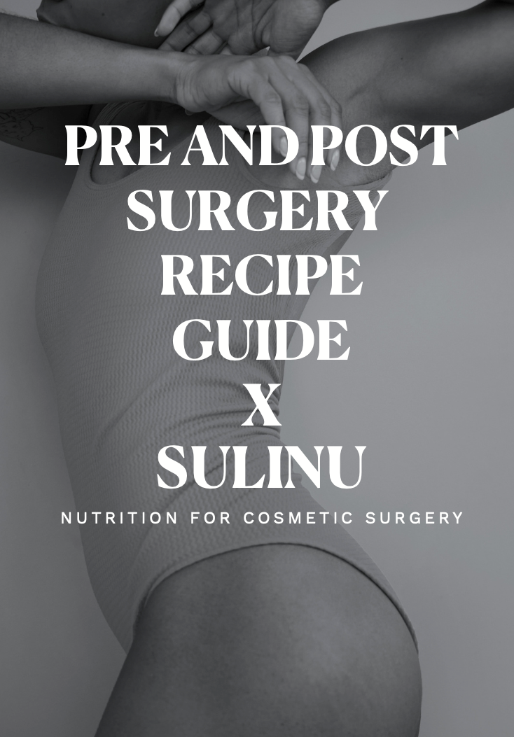 Black and white image of a person’s torso in a bodysuit with text overlay: BEST VALUE⭐- The Prep + Recovery Bundle x Sulinu. Essential nutrition for cosmetic surgery patients.