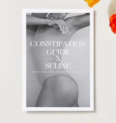 A grayscale book cover shows a close-up of a woman’s torso in fitted clothing. The title reads POOP Guide - DOWNLOAD- How to Stop Constipation in its Tracks. Orange flowers on the right emphasize constipation relief tips.