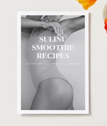 A grayscale photo shows a person in a sleeveless bodysuit, arms crossed overhead. Text reads: SMOOTHIE Recipes – DOWNLOAD: Make your daily Sulinu Powder Smoothie in under 5 minutes. Orange flower petals appear at the top right.