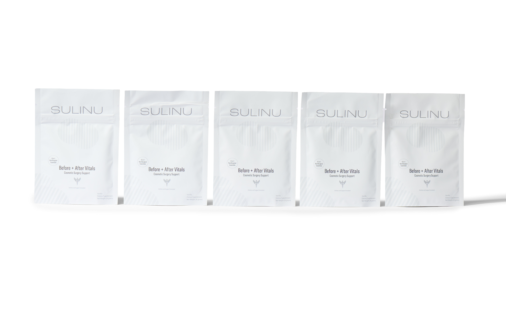 Five Travel Packs- Set of 5- Single Serving Before + After Vitals are lined up, each with a minimalist grey design—ideal vitamin packs for GLP-1 nutrition while traveling, displayed on a plain white background.